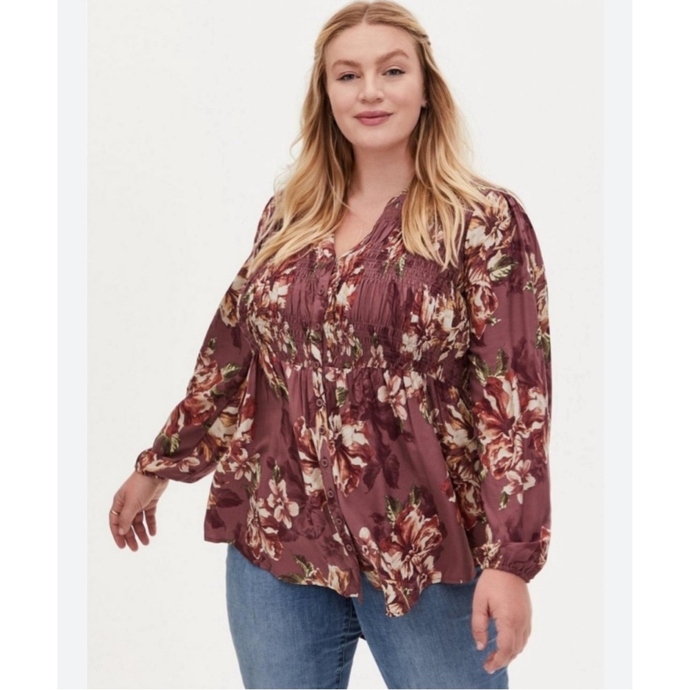 Torrid Babydoll Twill Smocked Button-Front Tunic Top Walnut Floral Size 00/10 - Picture 1 of 5